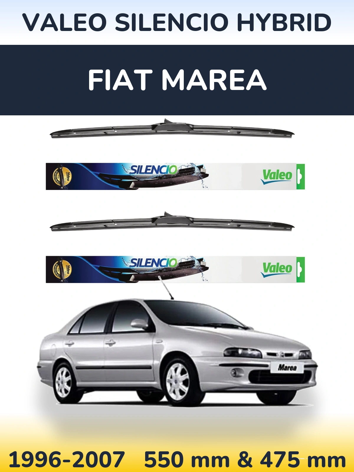 Front wiper blade set Valeo Silencio Hybrid 550 & 475 mm for Fiat Marea 1996-2007