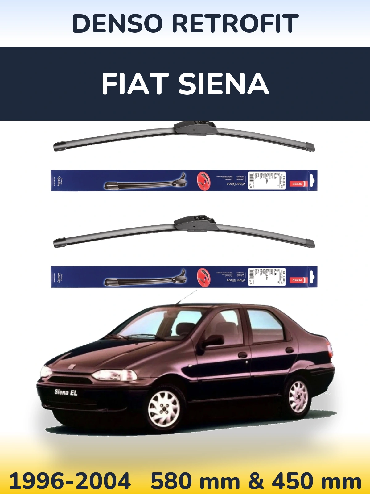 Front wiper blade set Denso Retrofit 580 & 450 mm for Fiat Siena 1996-2004