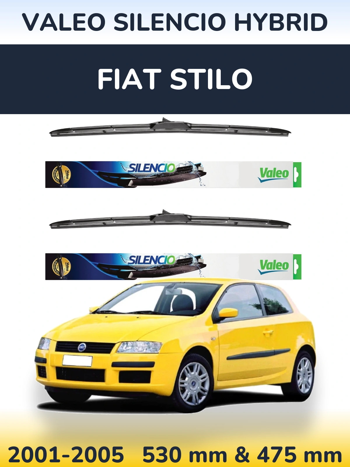 Front wiper blade set Valeo Silencio Hybrid 530 & 475 mm for Fiat Stilo 2001-2005
