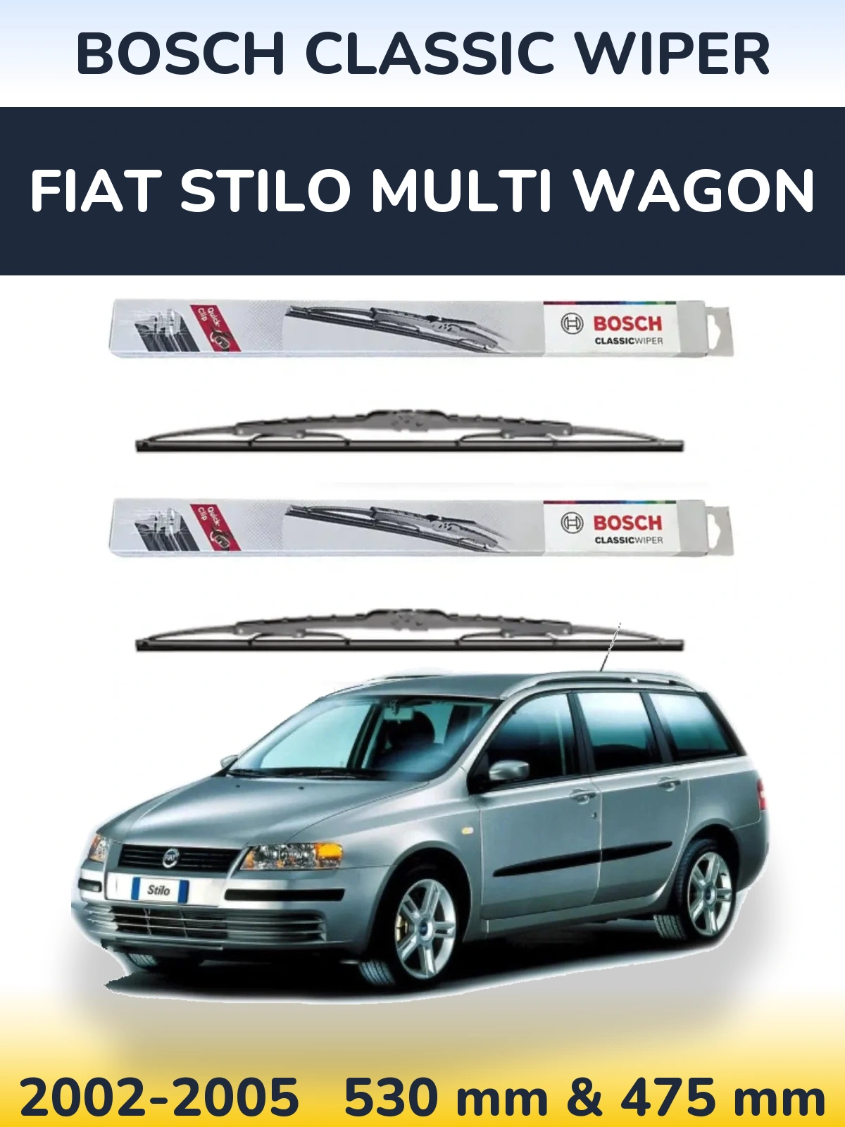 Комплект передних дворников BOSCH Classic Wiper 530 & 475 мм для Fiat Stilo Multi Wagon 2002-2005