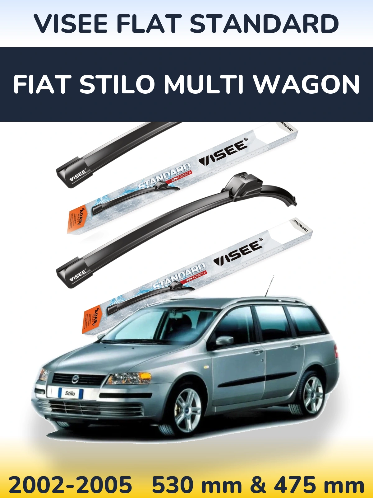 Комплект передних дворников VISEE FLAT STANDARD 530 & 475 мм для Fiat Stilo Multi Wagon 2002-2005