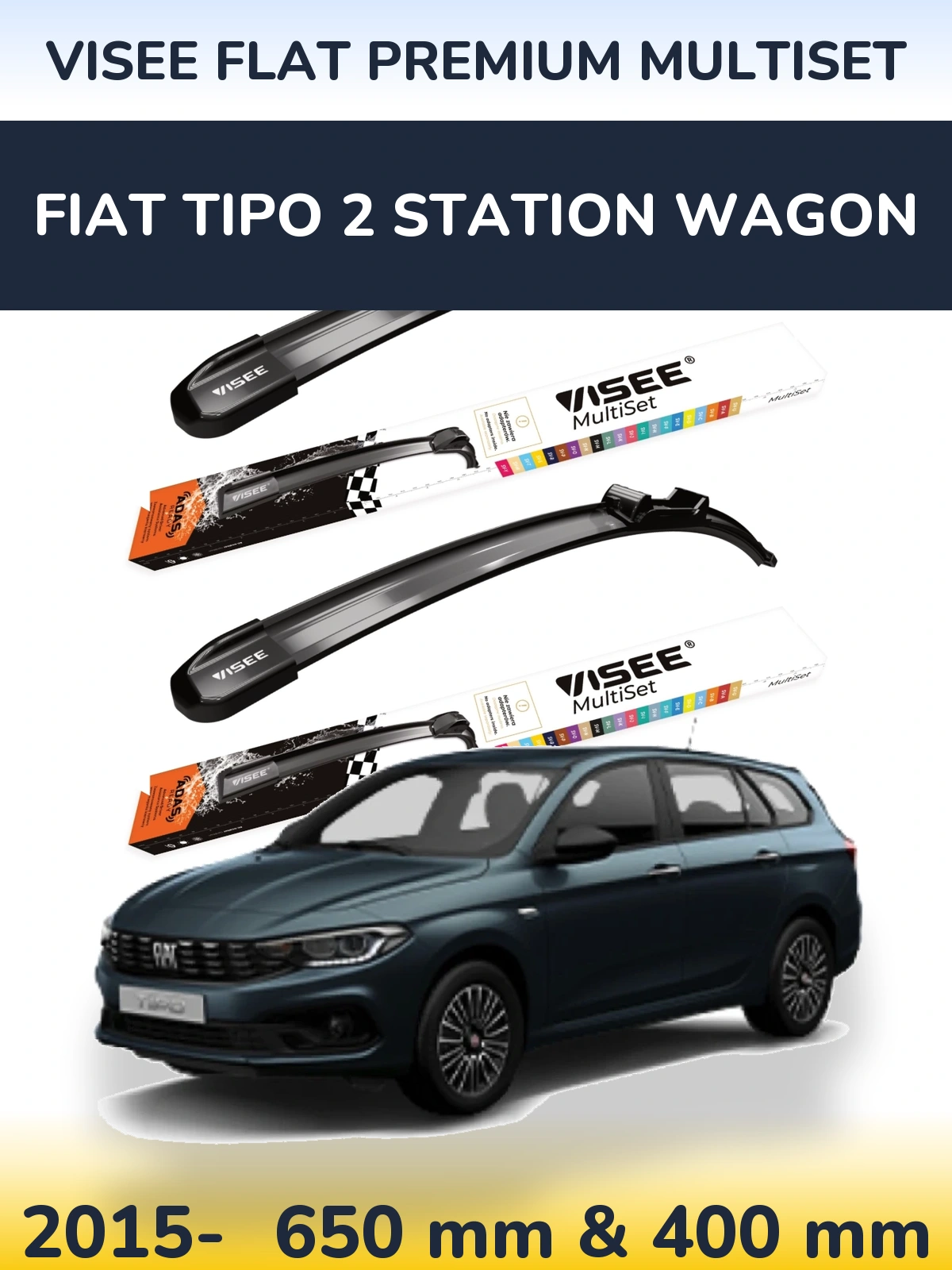 Front wiper blade set VISEE FLAT PREMIUM MultiSet 650 & 400 mm for Fiat Tipo 2 Station Wagon 2015-2026