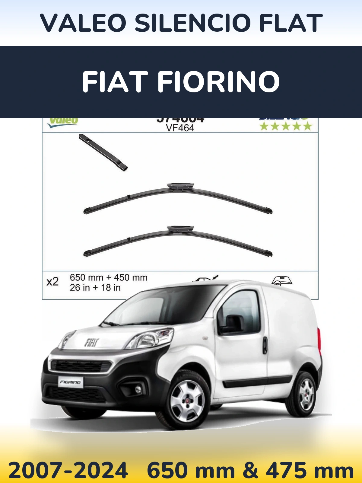 Комплект передніх щіток Valeo Silencio Flat 650 & 450 мм для Fiat Fiorino 2007-2024