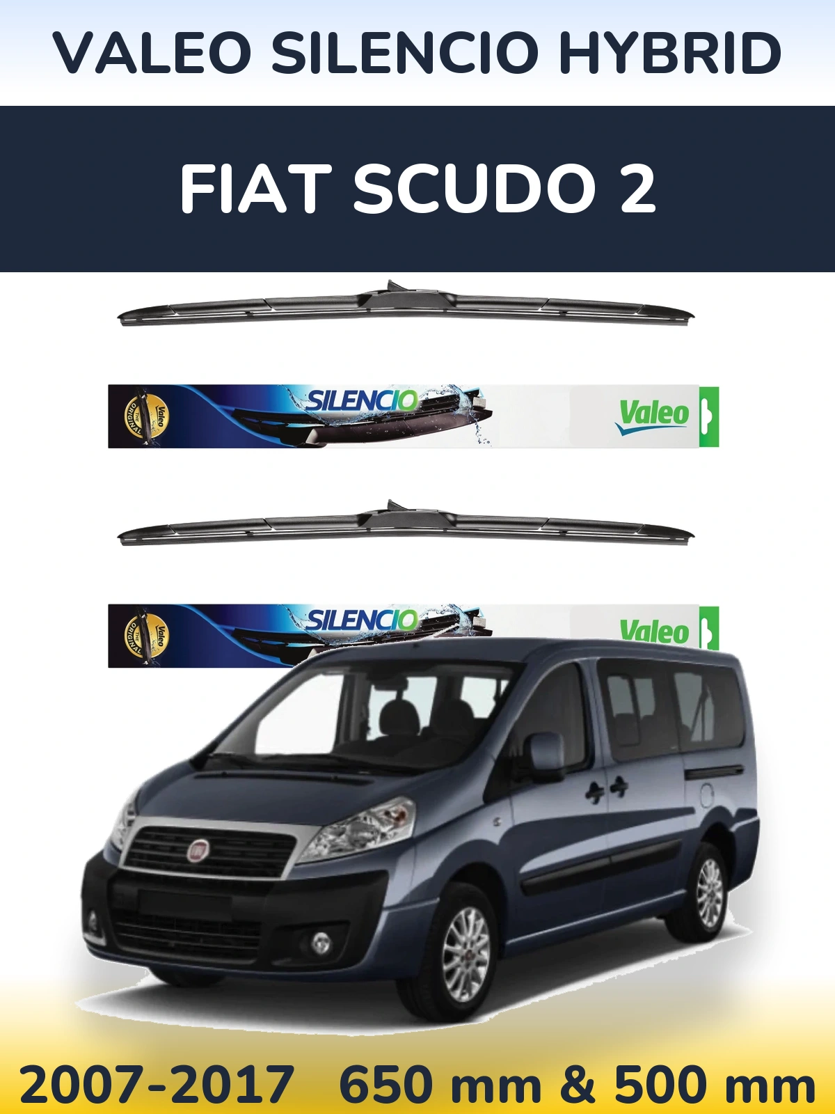 Front wiper blade set Valeo Silencio Hybrid 650 & 500 mm for Fiat Scudo 2 2007-2017
