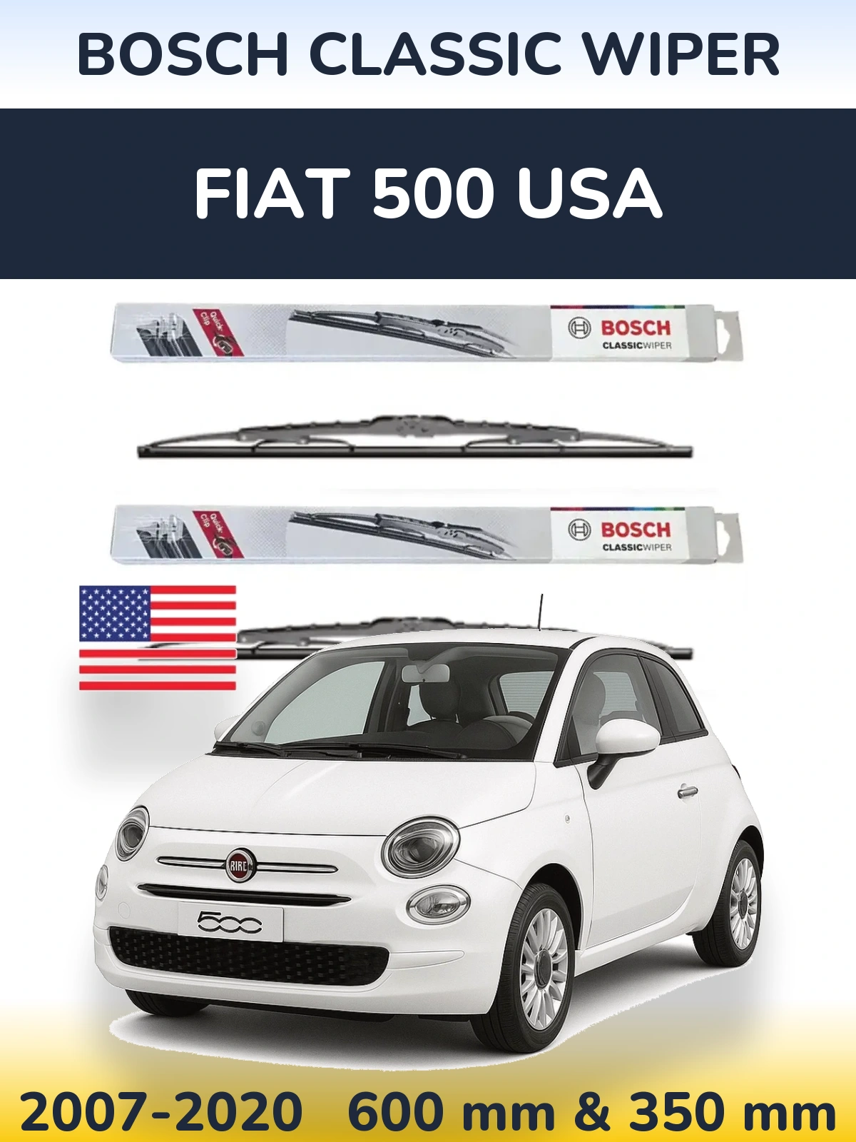 Комплект передніх щіток BOSCH Classic Wiper 600 & 340 мм для Fiat 500 USA 2007-2020