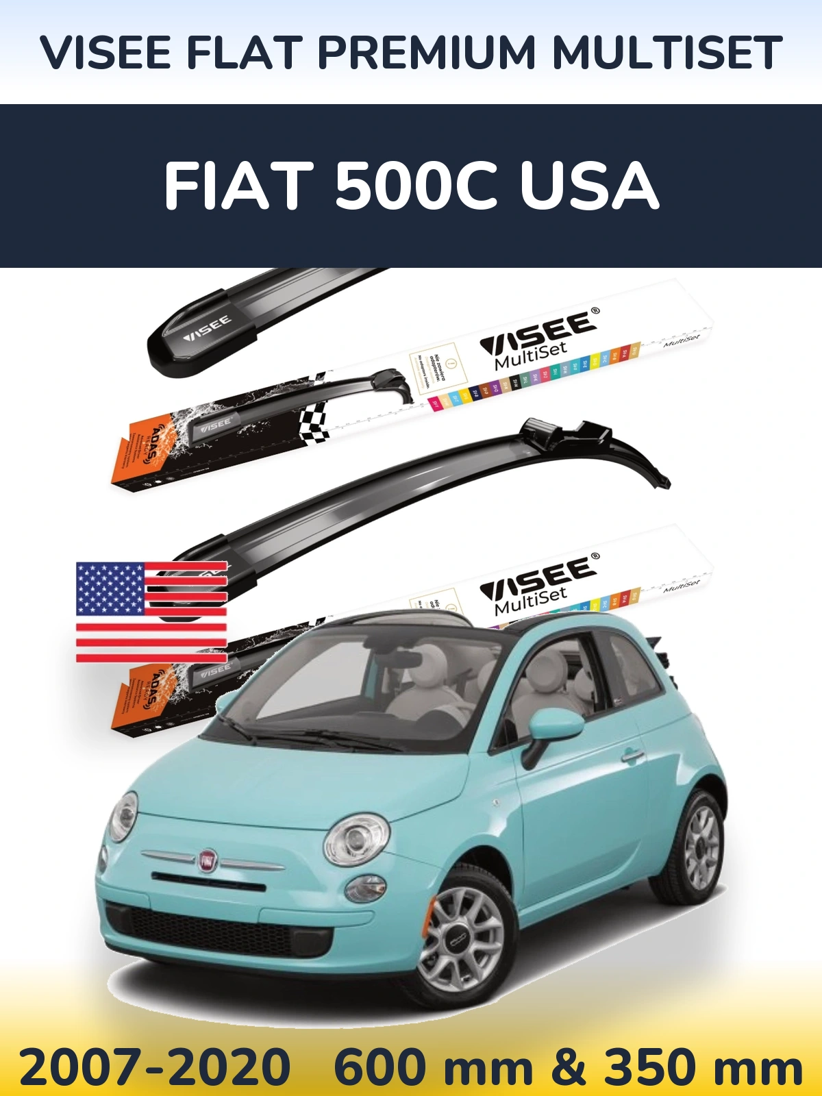 Комплект передніх щіток VISEE FLAT PREMIUM MultiSet 600 & 350 мм для Fiat 500C USA 2007-2020