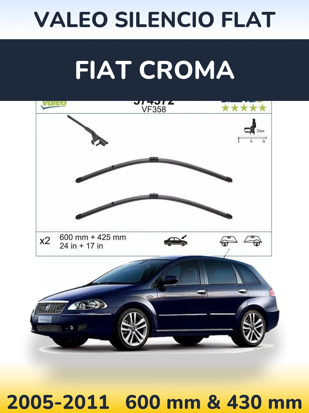 Front wiper blade set Valeo Silencio Flat 600 & 430 mm for Fiat Croma 2005-2011