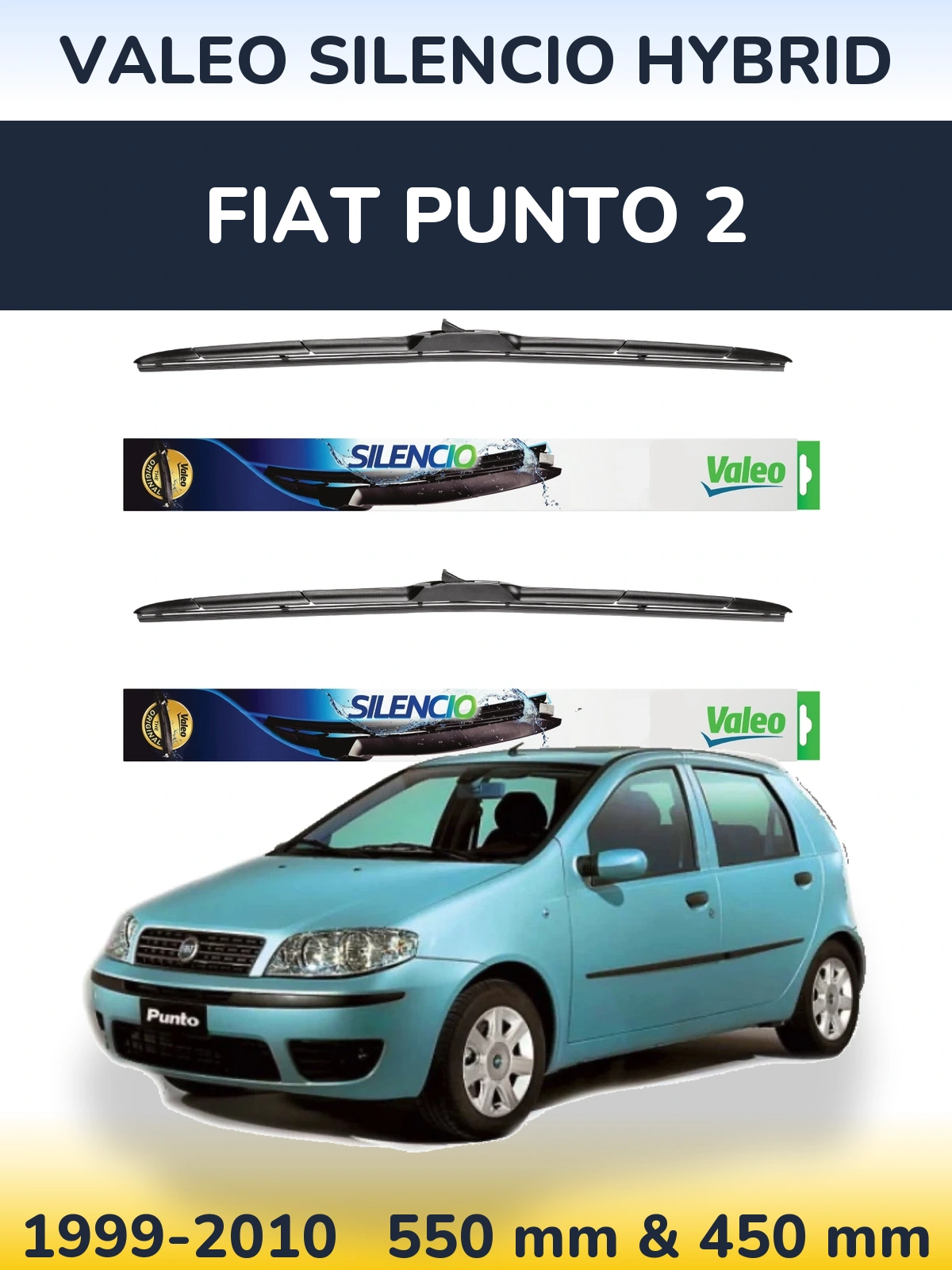 Front wiper blade set Valeo Silencio Hybrid 550 & 450 mm for Fiat Punto 2 1999-2010