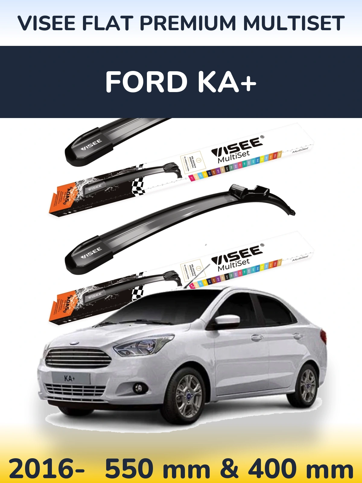 Комплект передніх щіток VISEE FLAT PREMIUM MultiSet 550 & 400 мм для Ford Ka+ 2016-2026