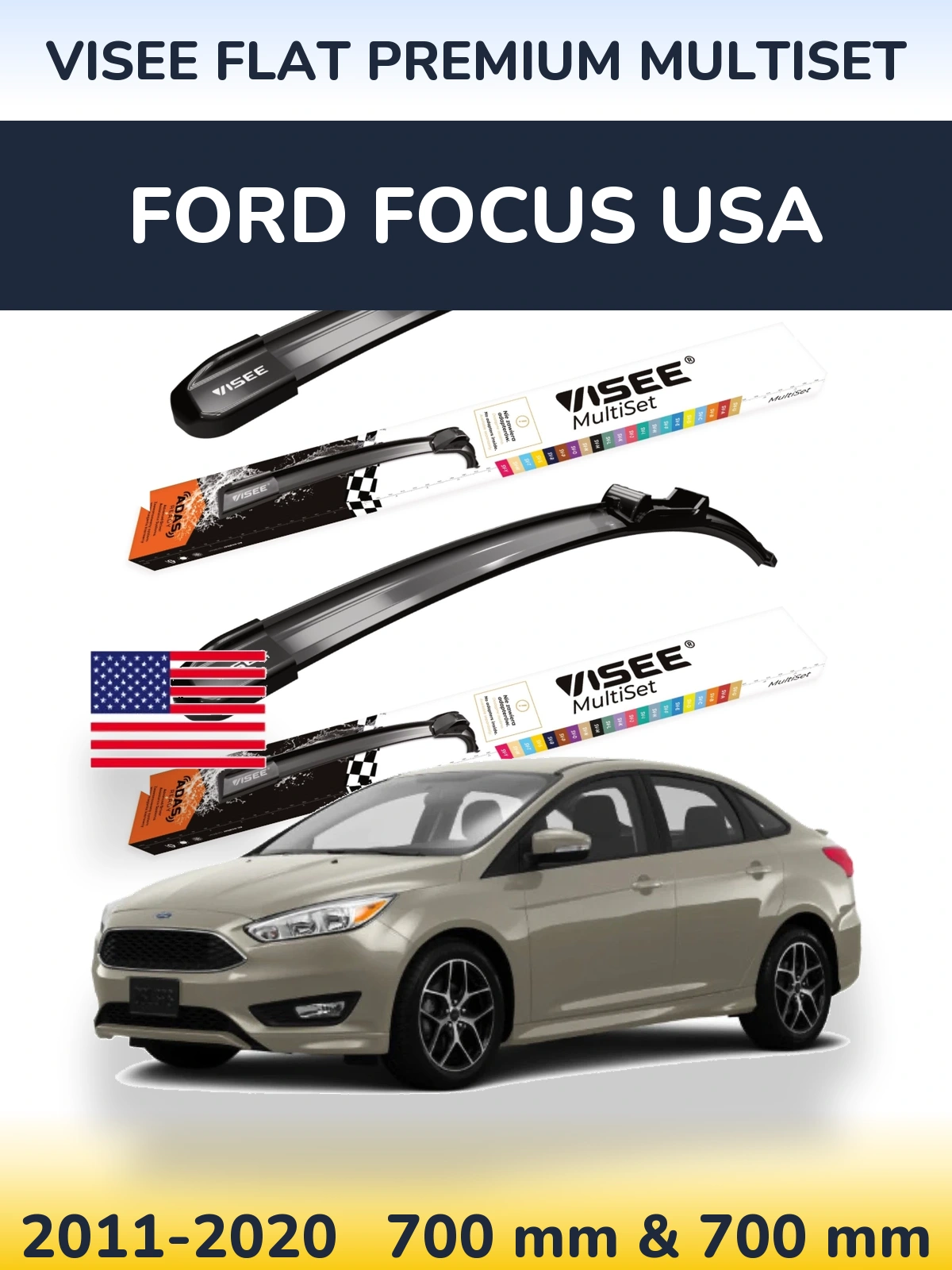 Комплект передних дворников VISEE FLAT PREMIUM MultiSet 700 & 700 мм для Ford Focus USA 2011-2020
