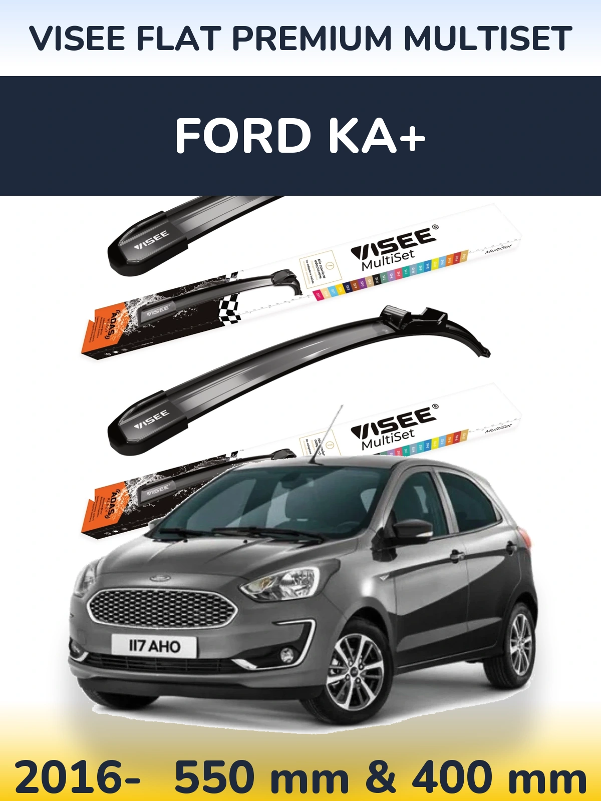 Комплект передних дворников VISEE FLAT PREMIUM MultiSet 550 & 400 мм для Ford Ka+ 2016-2026
