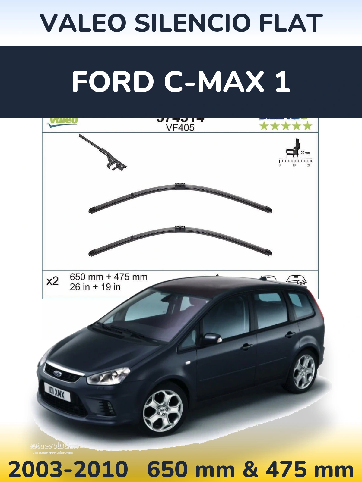 Комплект передніх щіток Valeo Silencio Flat 650 & 475 мм для Ford C-MAX 1 2003-2010