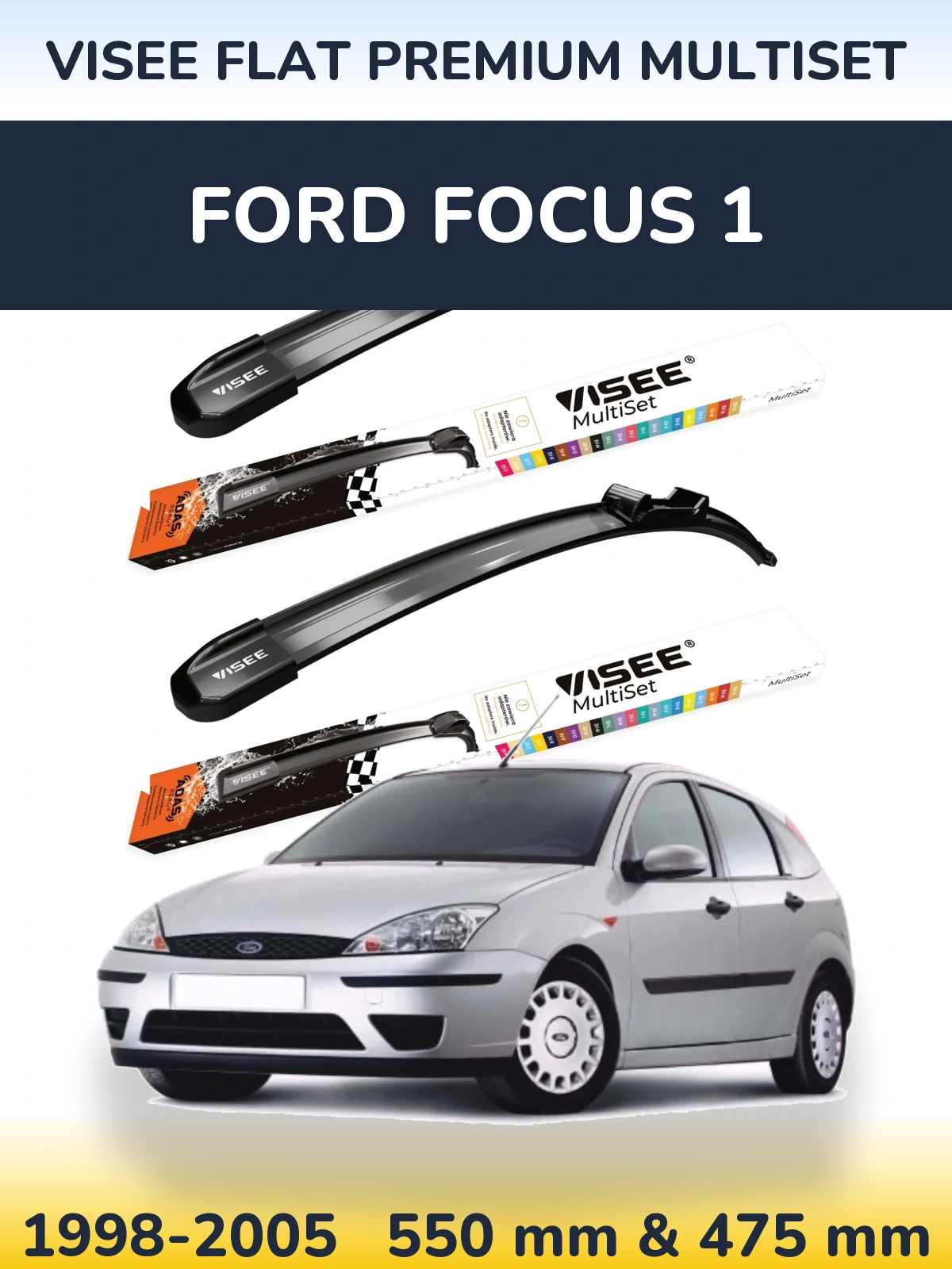 Комплект передних дворников VISEE FLAT PREMIUM MultiSet 550 & 475 мм для Ford Focus 1 1998-2005