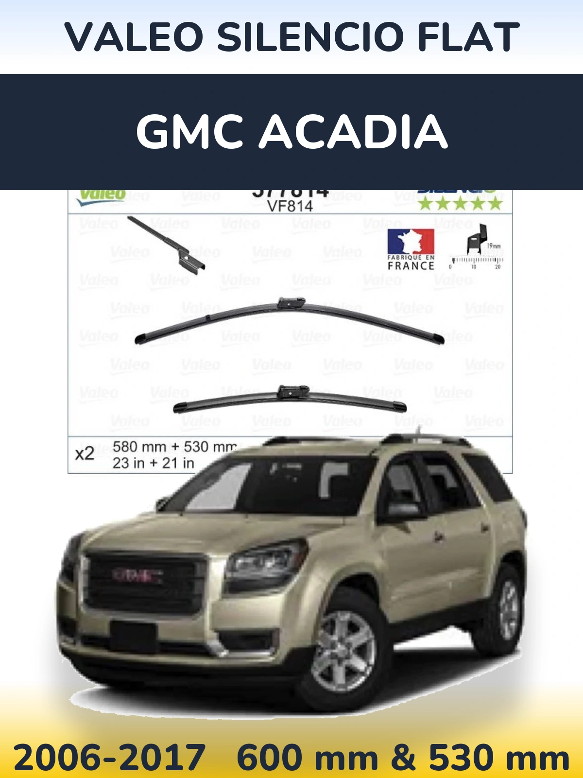 Front wiper blade set Valeo Silencio Flat 580 & 530 mm for GMC Acadia 2006-2017