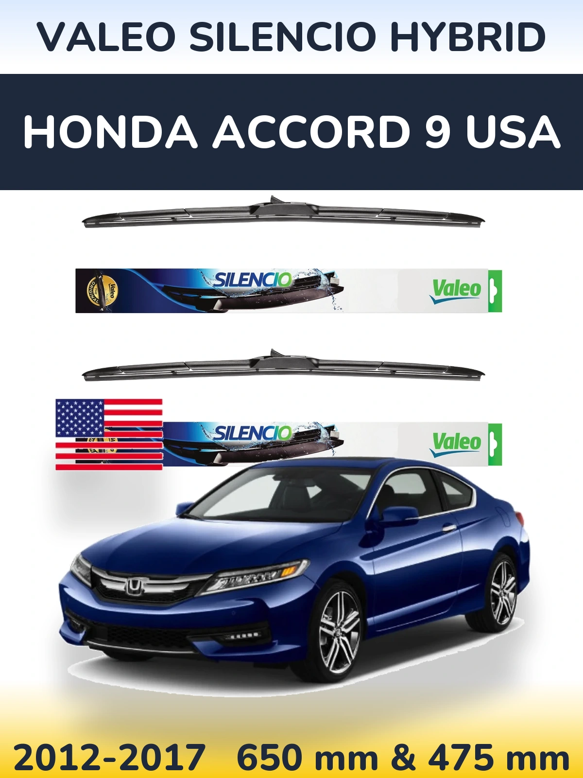 Комплект передних дворников Valeo Silencio Hybrid 650 & 475 мм для Honda Accord 9 USA 2012-2017