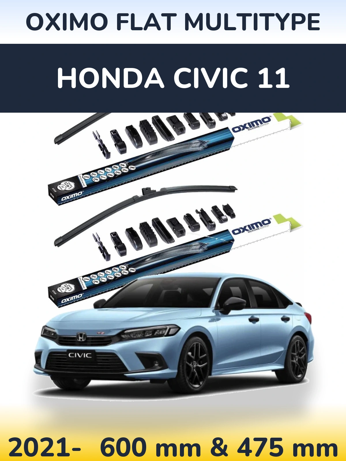 Комплект передних дворников Oximo Flat MultiТипe 600 & 475 мм для Honda Civic 11 2021-2026