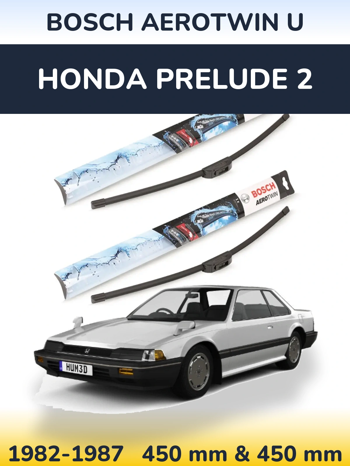 Front wiper blade set BOSCH AeroTwin U 450 & 450 mm for Honda Prelude 2 1982-1987