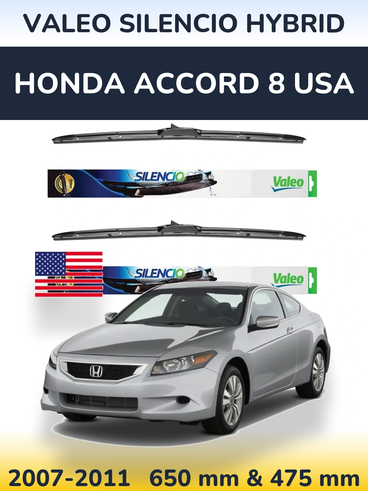 Комплект передних дворников Valeo Silencio Hybrid 650 & 475 мм для Honda Accord 8 USA 2007-2011