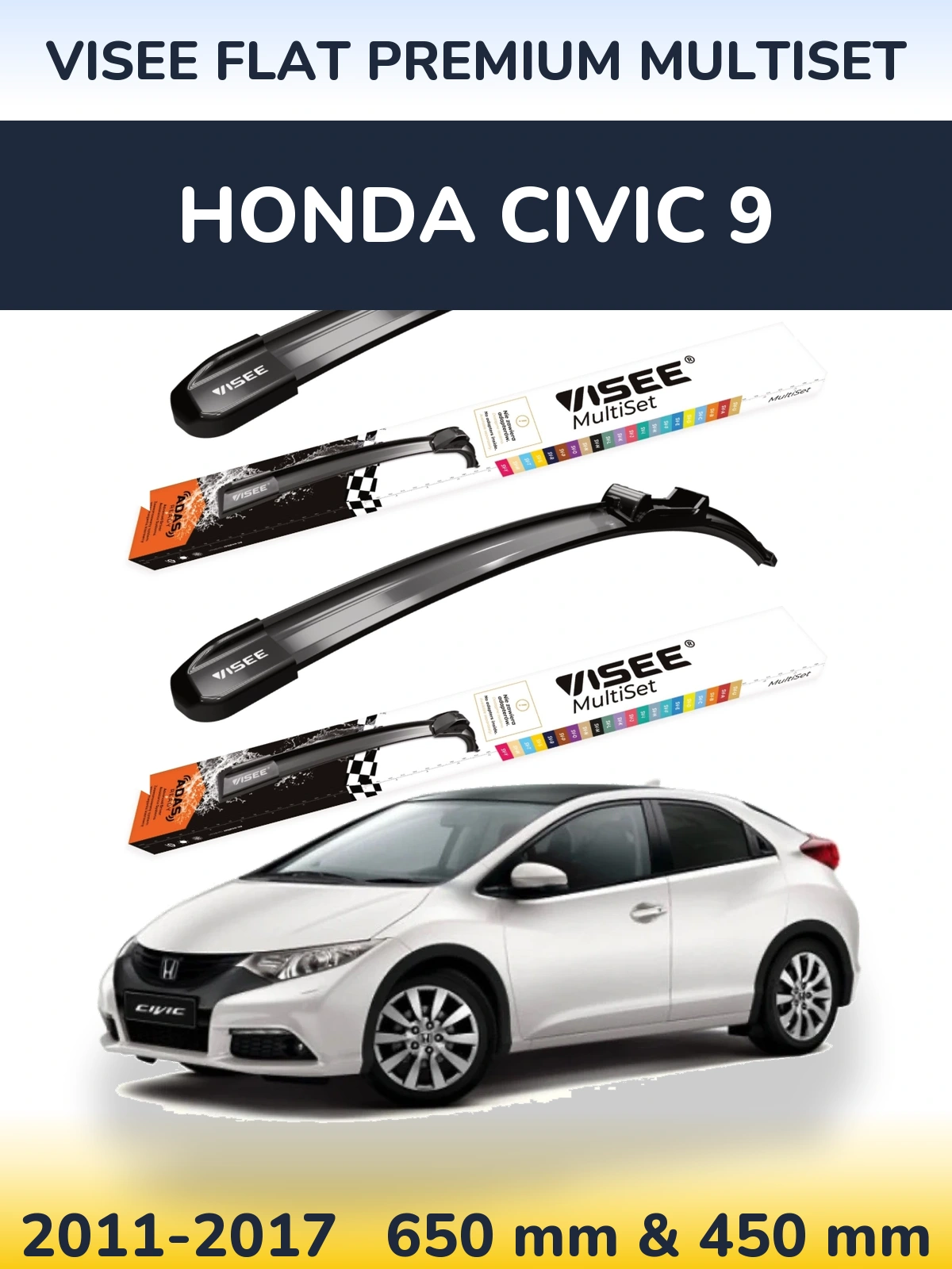 Комплект передних дворников VISEE FLAT PREMIUM MultiSet 650 & 450 мм для Honda Civic 9 2011-2017
