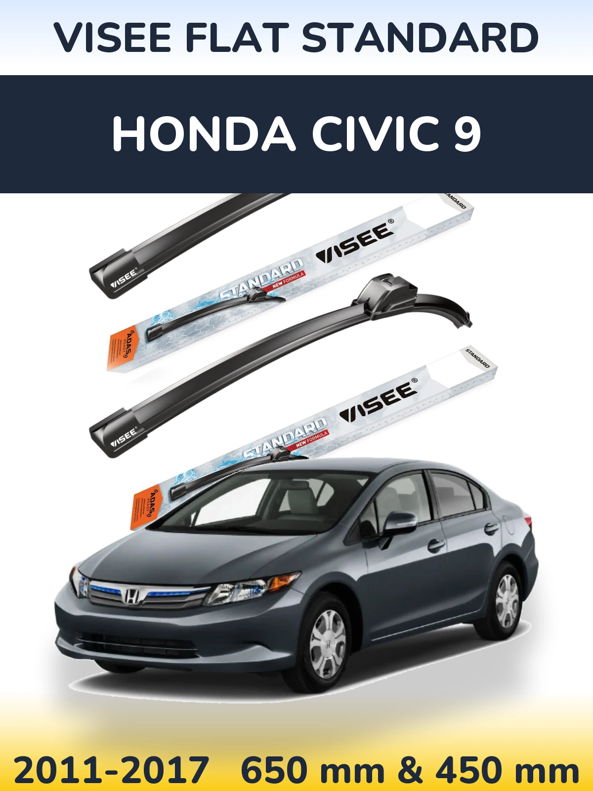 Комплект передніх щіток VISEE FLAT STANDARD 650 & 450 мм для Honda Civic 9 2011-2017