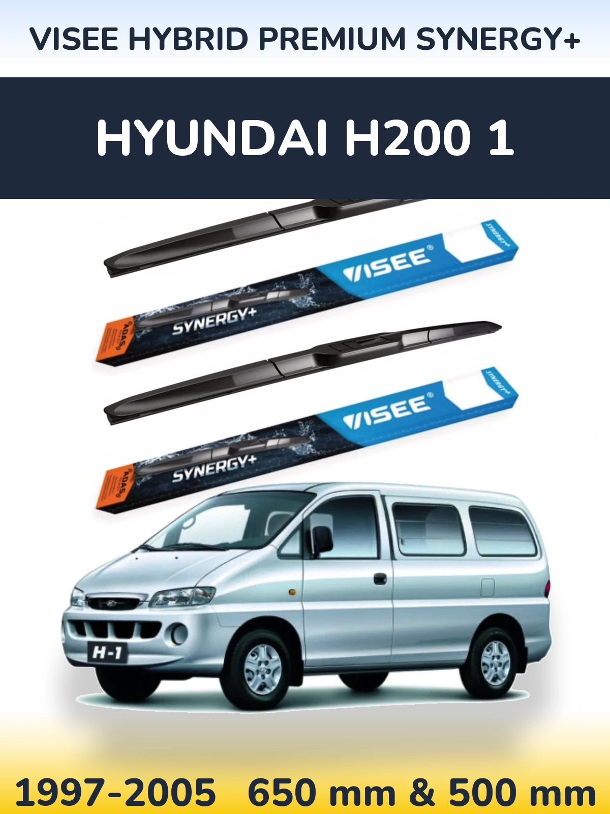 Front wiper blade set VISEE HYBRID PREMIUM SYNERGY+ 650 & 500 mm for Hyundai H200 1 1997-2005