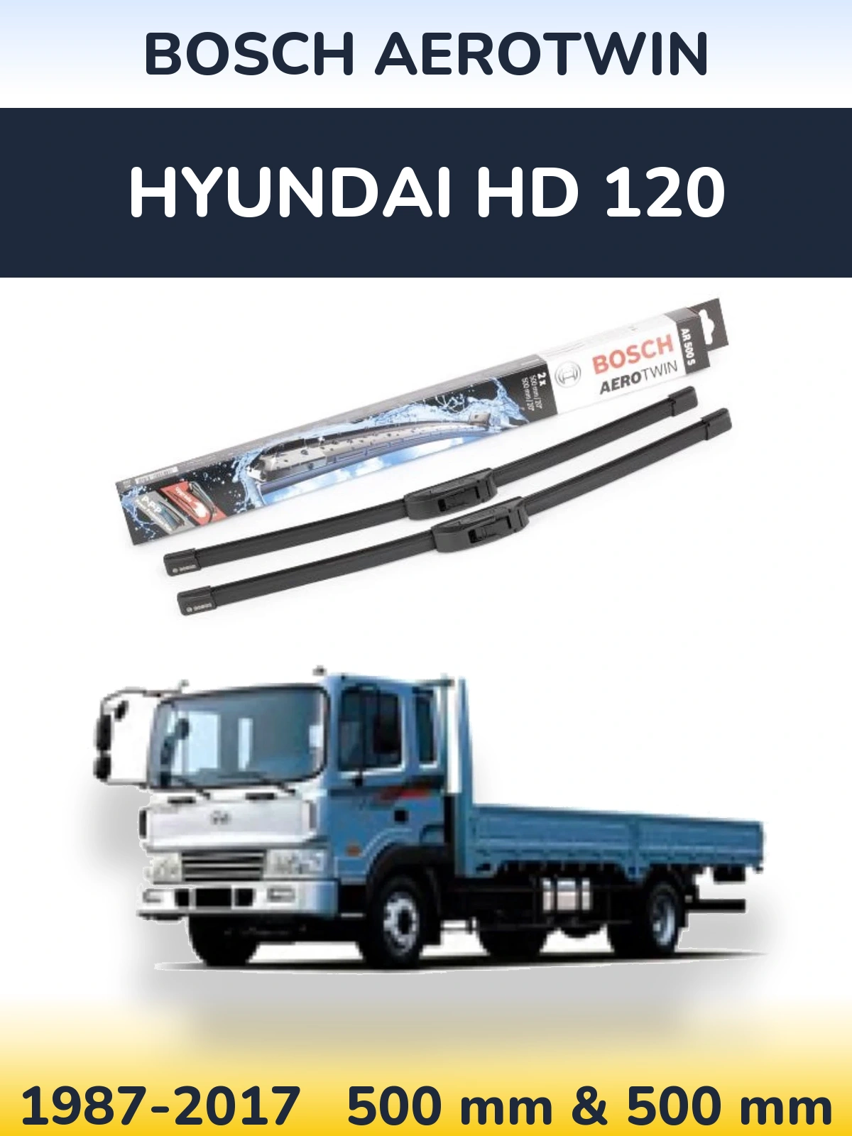 Front wiper blade set BOSCH AeroTwin 500 & 500 mm for Hyundai HD 120 1987-2017