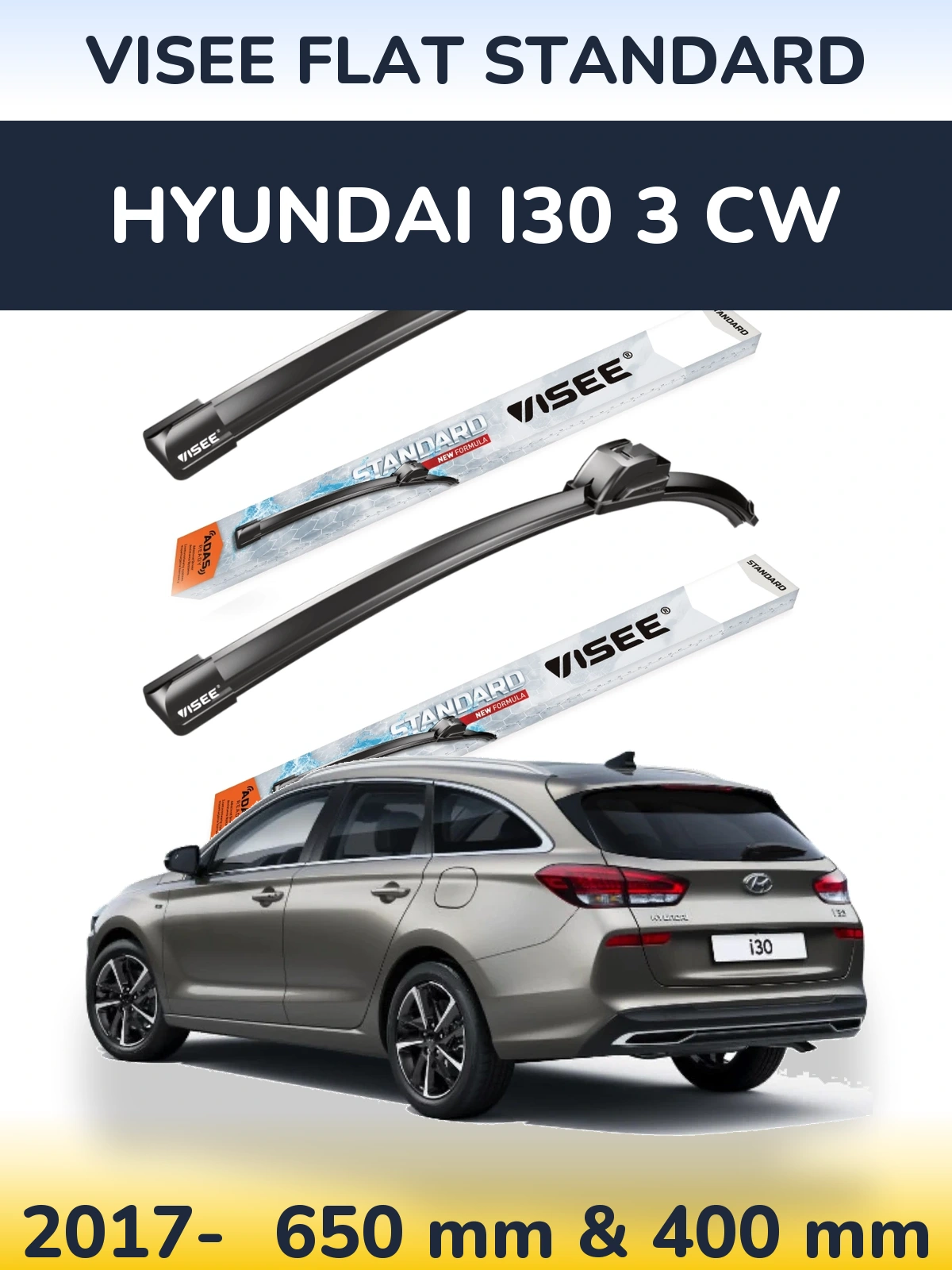 Комплект передних дворников VISEE FLAT STANDARD 650 & 400 мм для Hyundai i30 3 CW 2017-2026