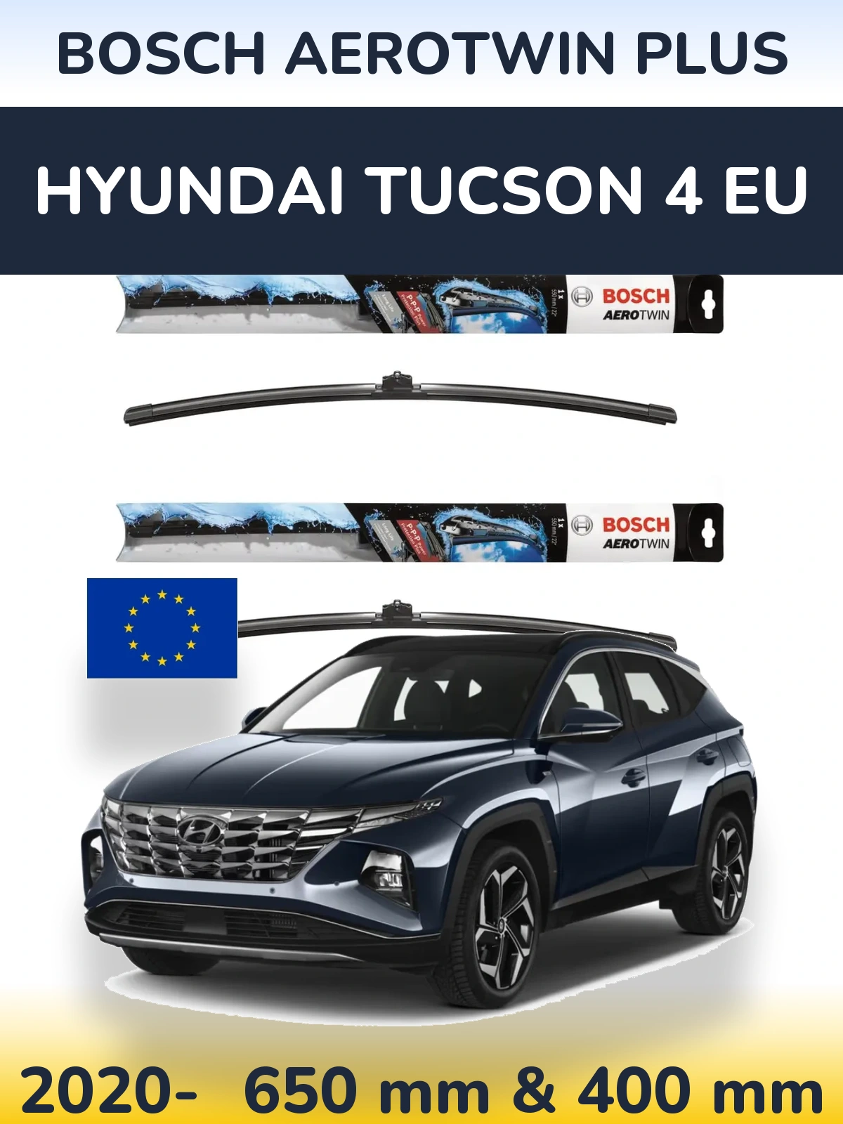 Комплект передних дворников BOSCH AeroTwin Plus 650 & 400 мм для Hyundai Tucson 4 EU 2020-2026