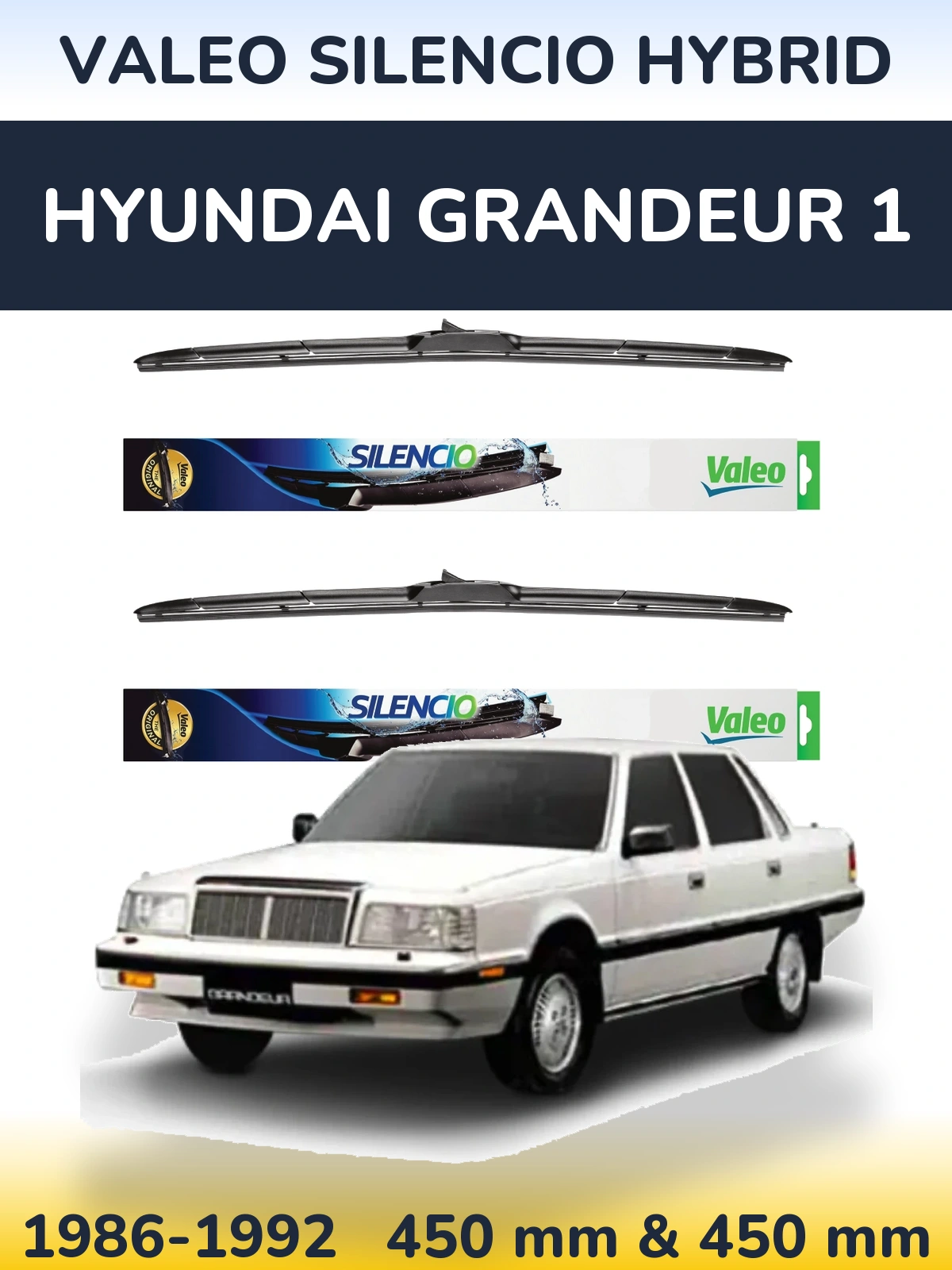 Front wiper blade set Valeo Silencio Hybrid 450 & 450 mm for Hyundai Grandeur 1 1986-1992