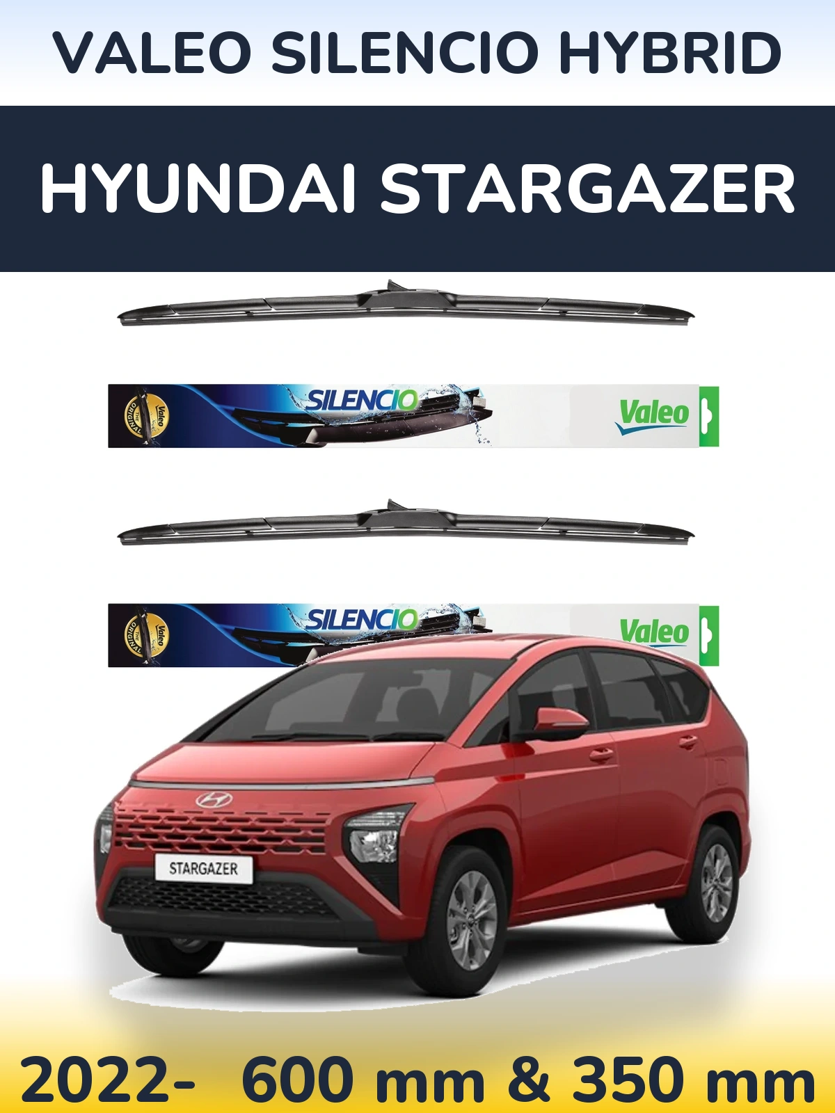 Комплект передних дворников Valeo Silencio Hybrid 600 & 350 мм для Hyundai Stargazer 2022-2026