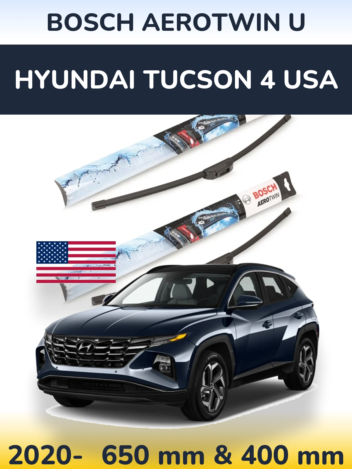 Комплект передніх щіток BOSCH AeroTwin U 650 & 400 мм для Hyundai Tucson 4 USA 2020-2026
