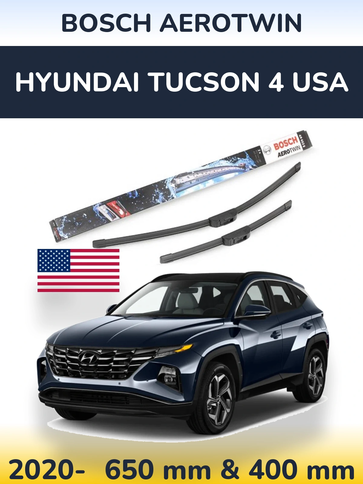 Front wiper blade set BOSCH AeroTwin 650 & 400 mm for Hyundai Tucson 4 USA 2020-2026