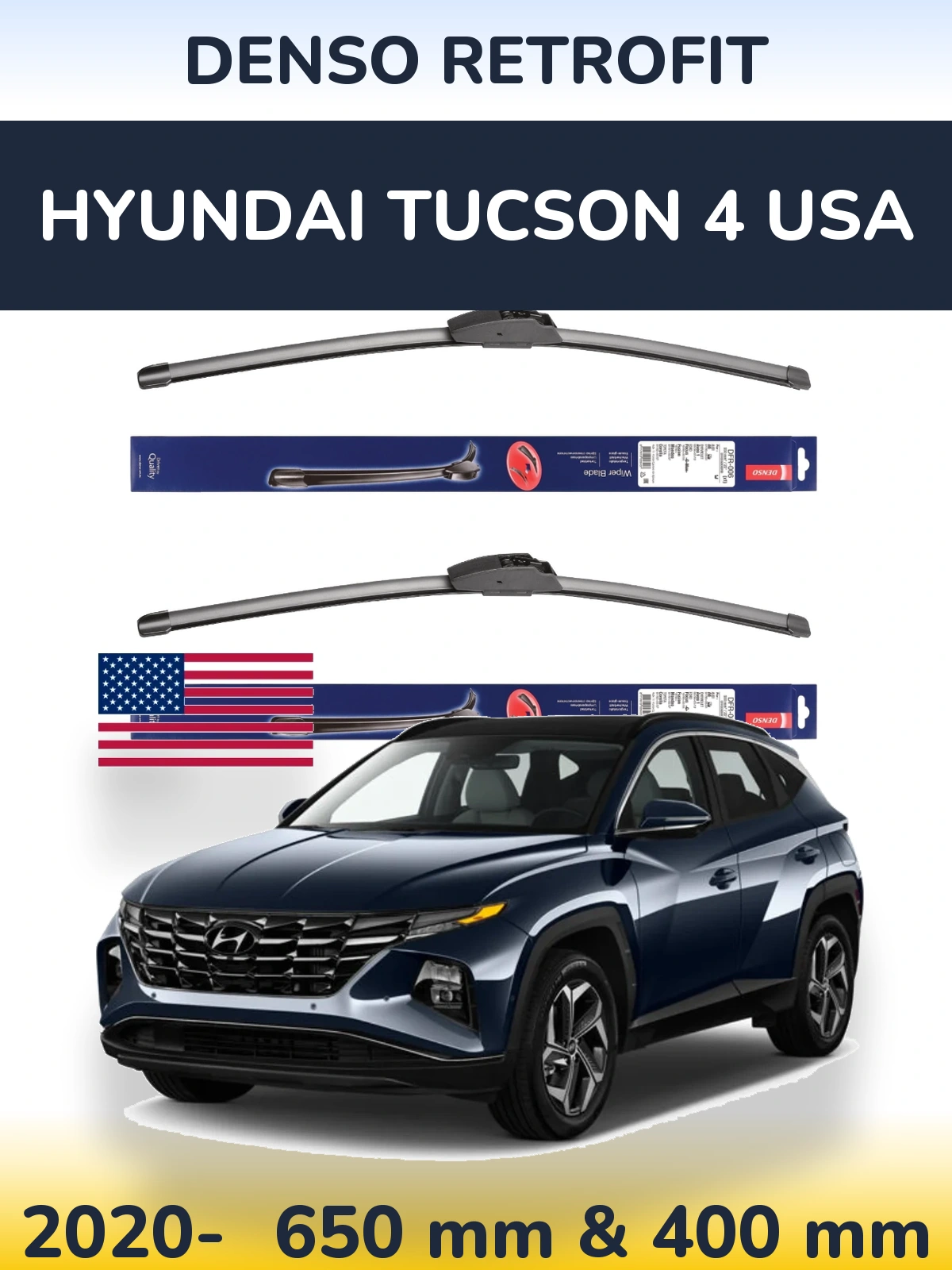 Комплект передніх щіток Denso Retrofit 650 & 400 мм для Hyundai Tucson 4 USA 2020-2026