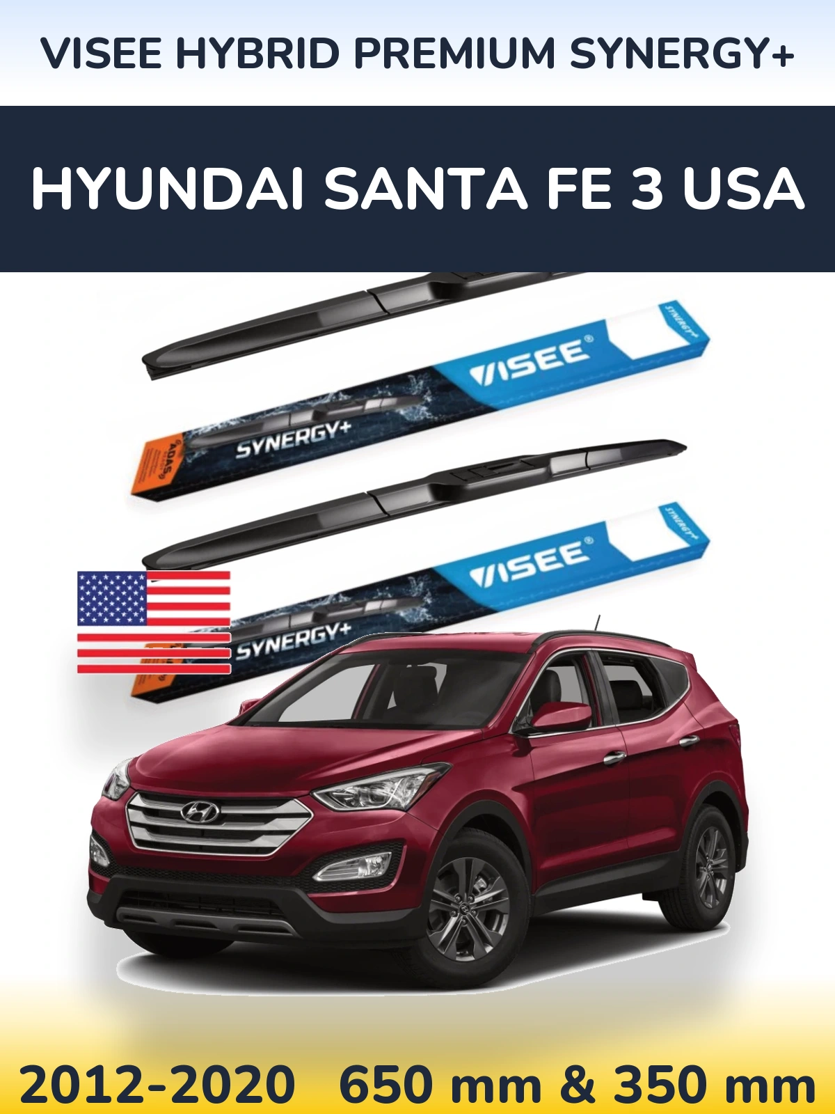 Комплект передних дворников VISEE HYBRID PREMIUM SYNERGY+ 650 & 350 мм для Hyundai Santa Fe 3 USA 2012-2020