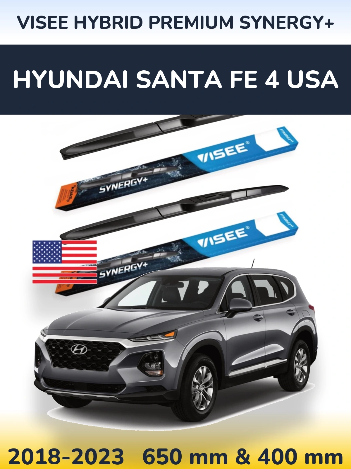 Комплект передних дворников VISEE HYBRID PREMIUM SYNERGY+ 650 & 400 мм для Hyundai Santa Fe 4 USA 2018-2023