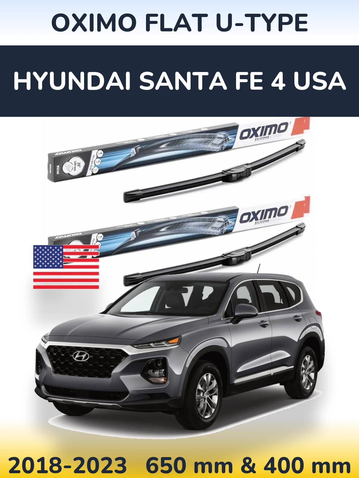 Комплект передних дворников Oximo Flat U-type 650 & 400 мм для Hyundai Santa Fe 4 USA 2018-2023