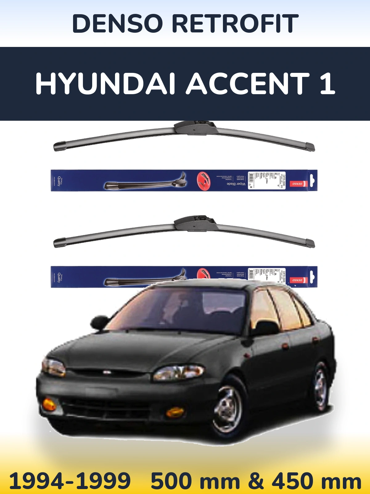 Front wiper blade set Denso Retrofit 500 & 450 mm for Hyundai Accent 1 1994-1999