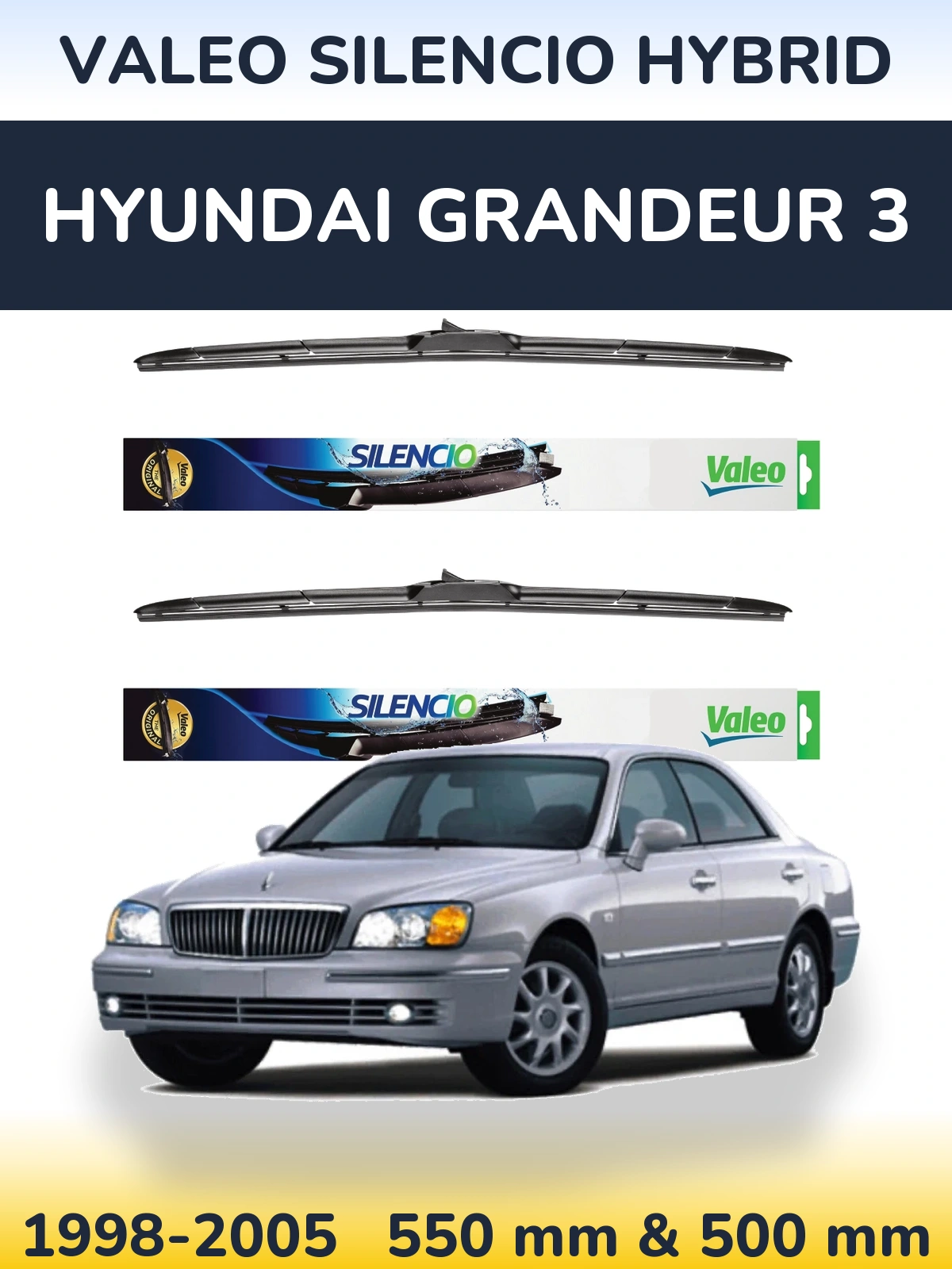 Front wiper blade set Valeo Silencio Hybrid 550 & 500 mm for Hyundai Grandeur 3 1998-2005