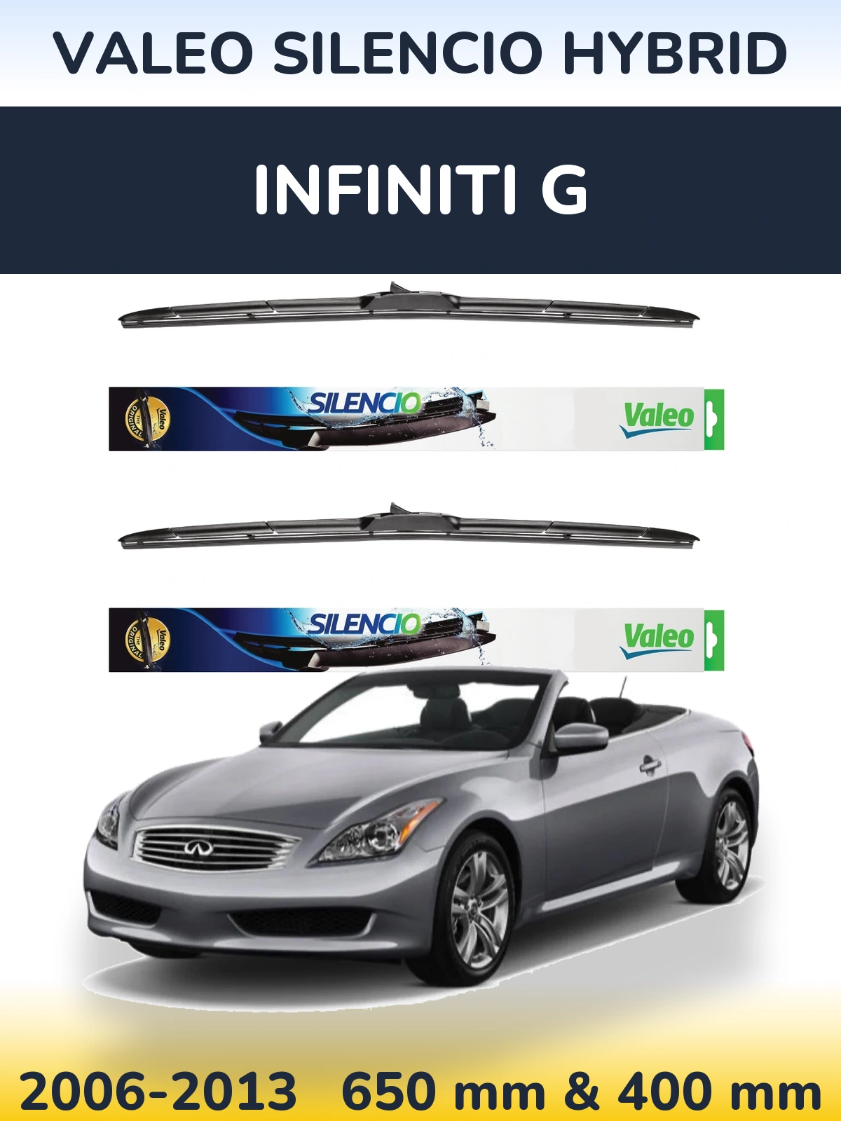 Front wiper blade set Valeo Silencio Hybrid 650 & 400 mm for Infiniti G 2006-2013