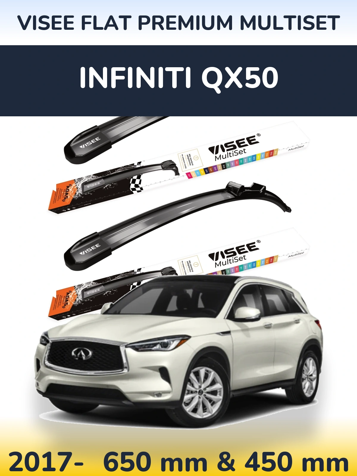 Комплект передних дворников VISEE FLAT PREMIUM MultiSet 650 & 450 мм для Infiniti QX50 2017-2026
