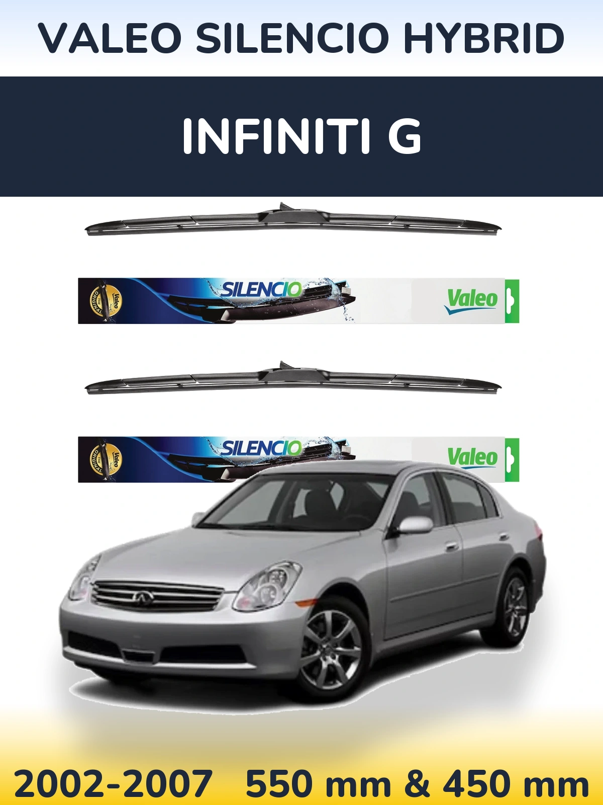 Front wiper blade set Valeo Silencio Hybrid 550 & 450 mm for Infiniti G 2002-2007