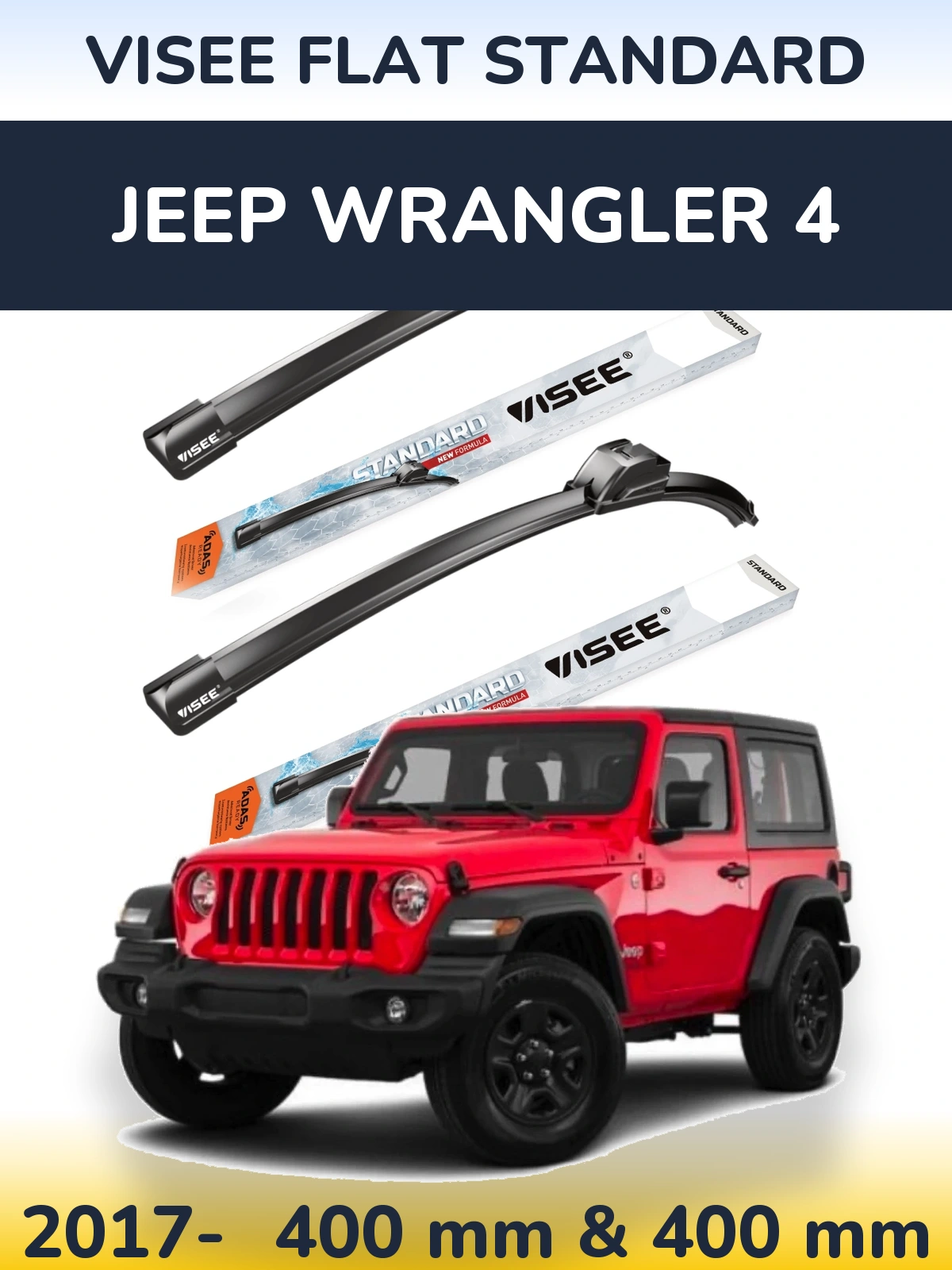 Комплект передних дворников VISEE FLAT STANDARD 400 & 400 мм для Jeep Wrangler 4 2017-2026