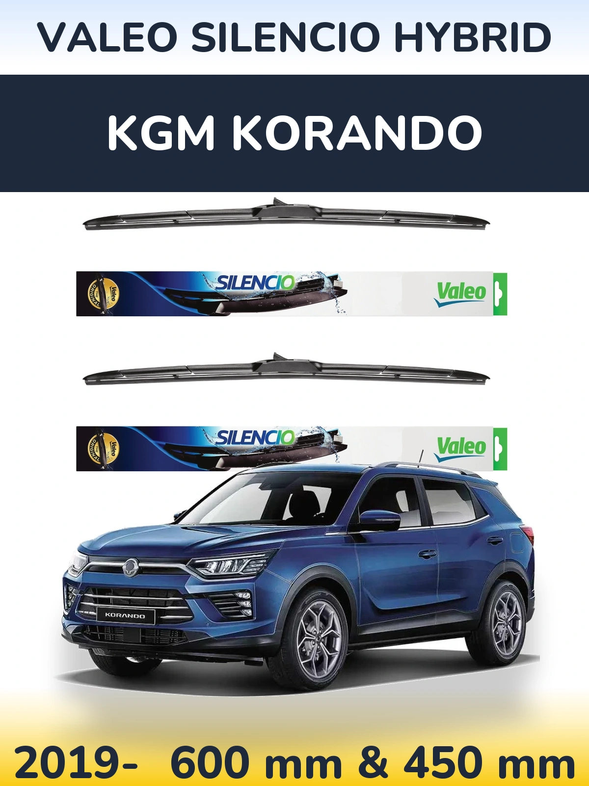 Front wiper blade set Valeo Silencio Hybrid 600 & 450 mm for KGM Korando 2019-2026