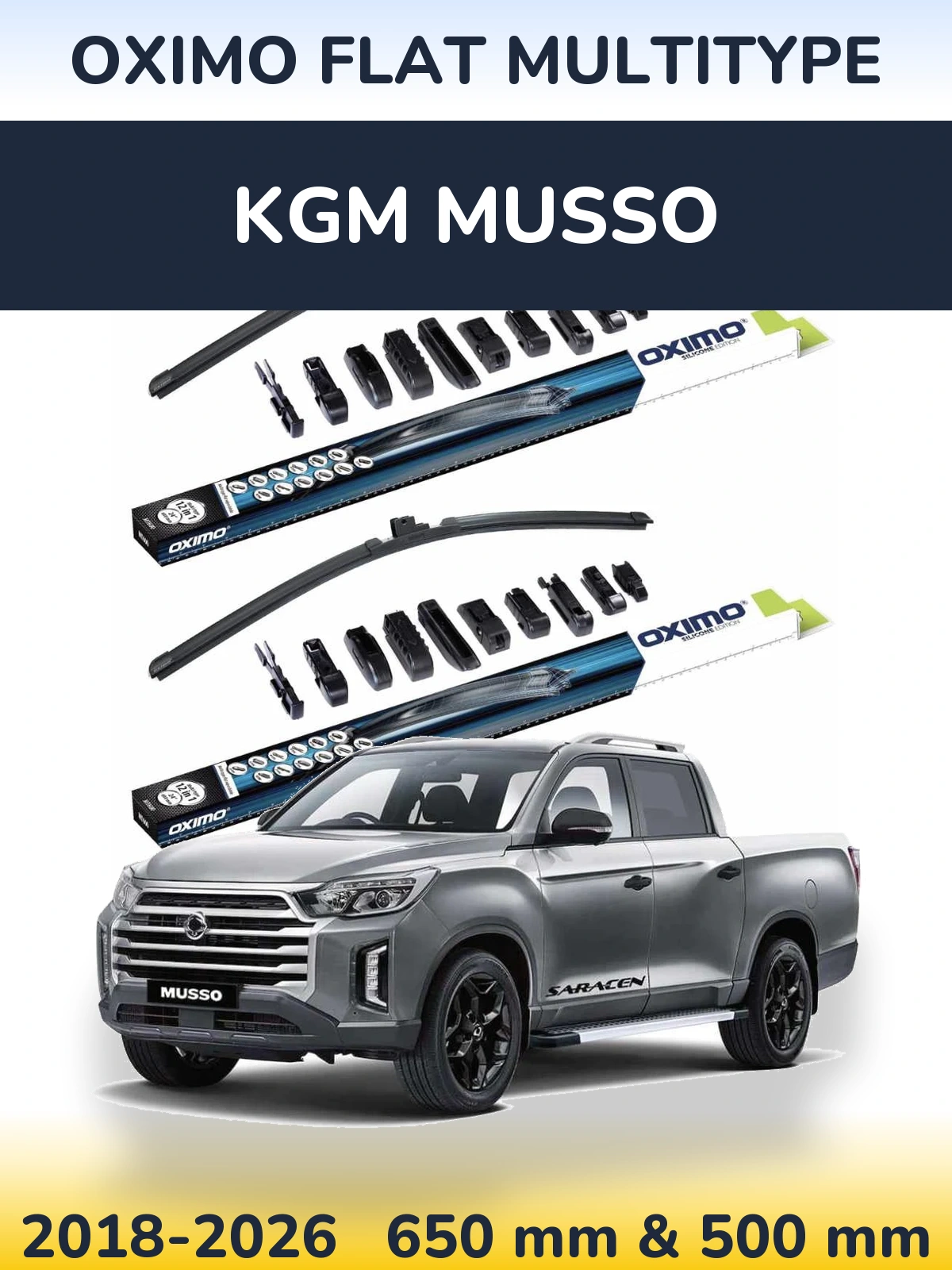 Комплект передних дворников Oximo Flat MultiТипe 650 & 500 мм для KGM Musso 2018-2026