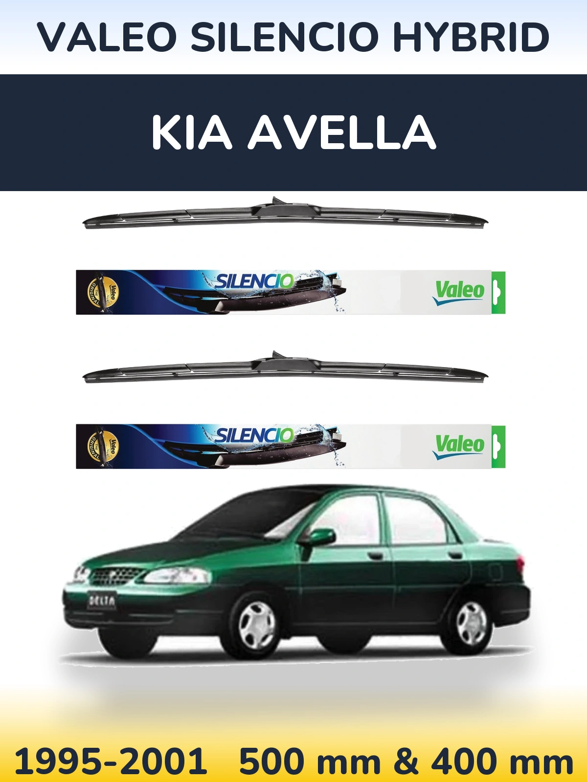 Front wiper blade set Valeo Silencio Hybrid 500 & 400 mm for KIA Avella 1995-2001