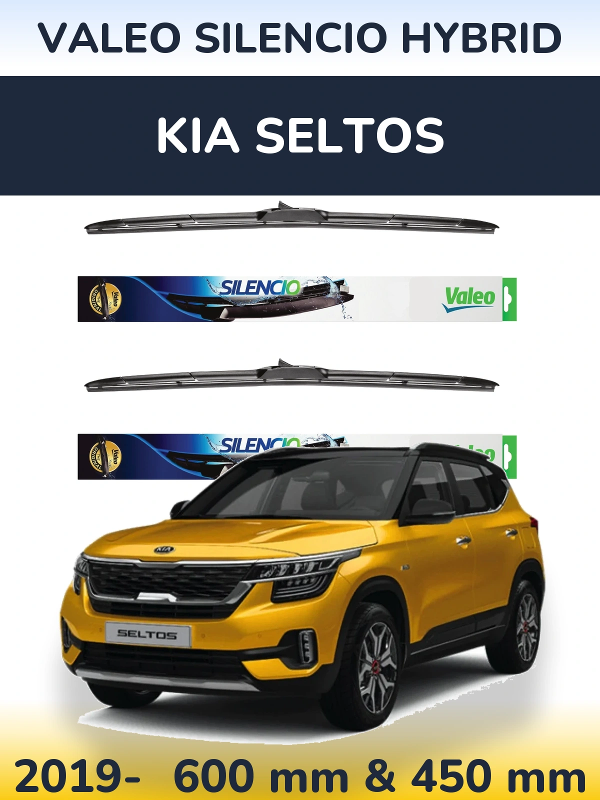 Front wiper blade set Valeo Silencio Hybrid 600 & 450 mm for KIA Seltos 2019-2026