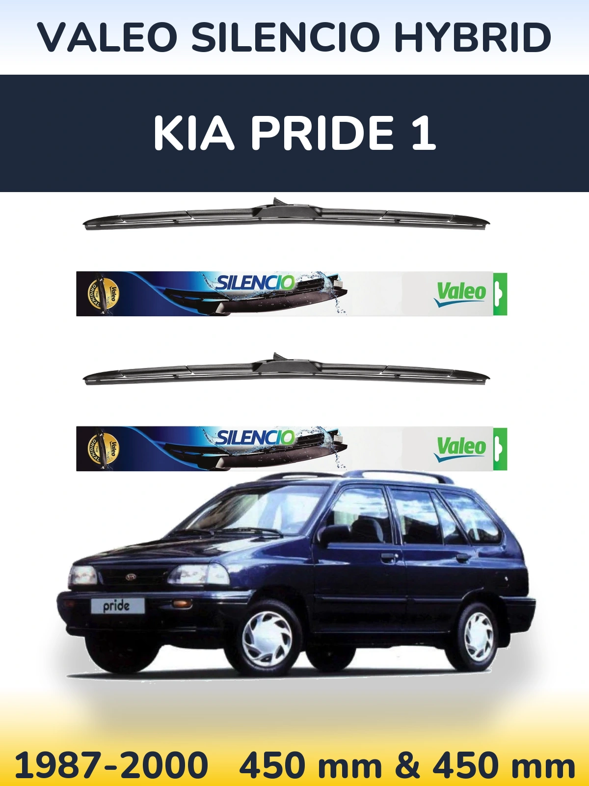 Front wiper blade set Valeo Silencio Hybrid 450 & 450 mm for KIA Pride 1 1987-2000