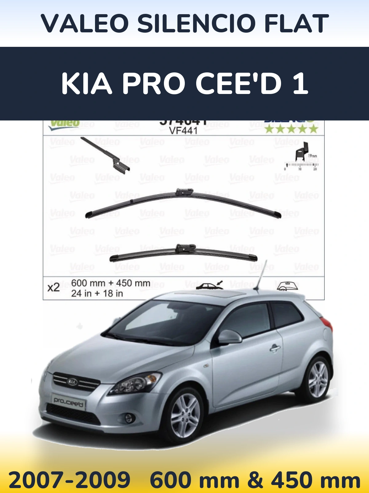 Комплект передних дворников Valeo Silencio Flat 600 & 450 мм для KIA Pro Cee'd 1 2007-2009