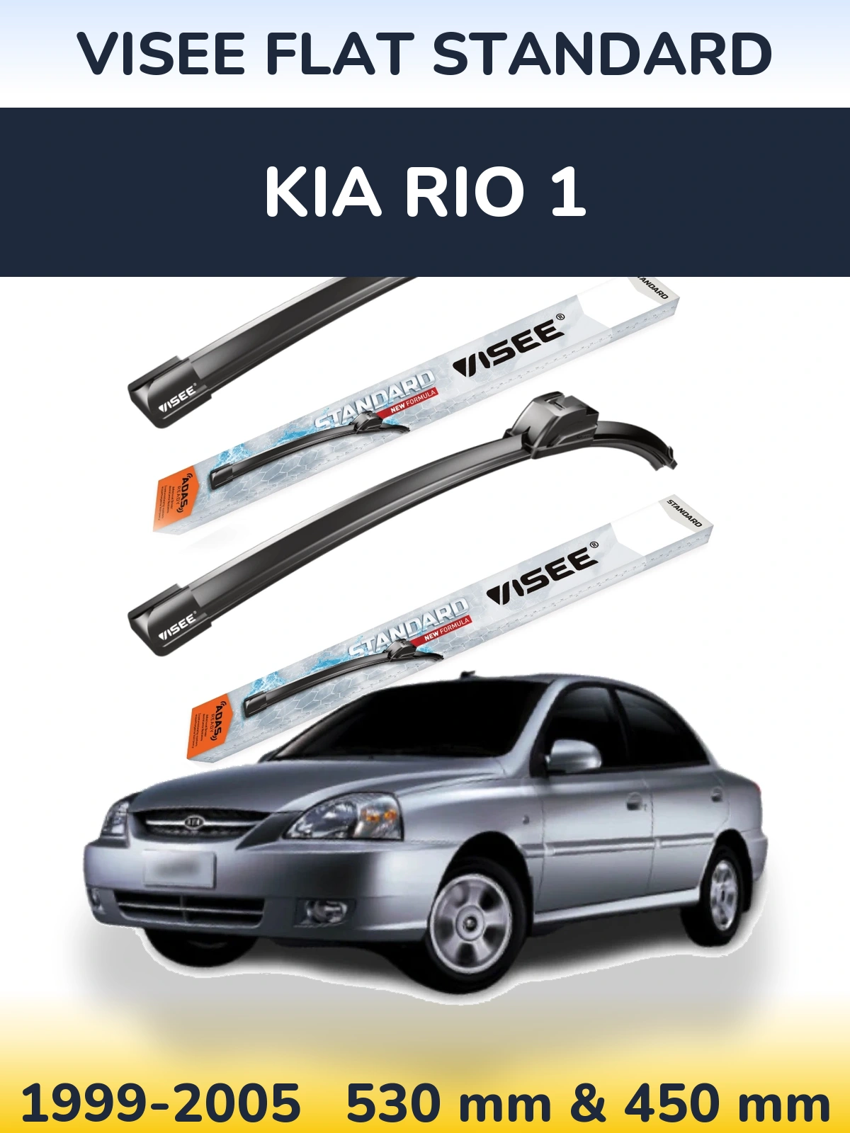 Front wiper blade set VISEE FLAT STANDARD 530 & 450 mm for KIA Rio 1 1999-2005