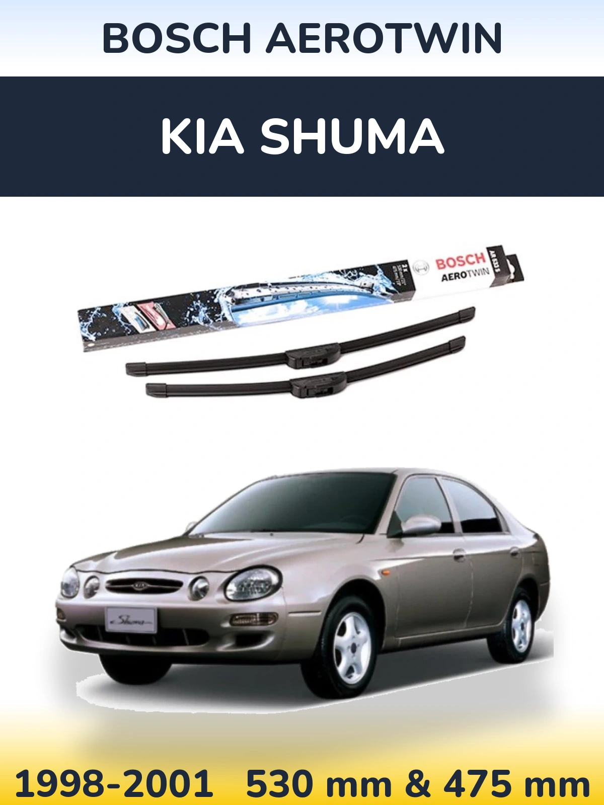 Front wiper blade set BOSCH AeroTwin 530 & 475 mm for KIA Shuma 1998-2001